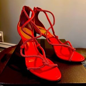 4” Sexy strapping red heels w/ gold studs shoe box and bags included. Never worn